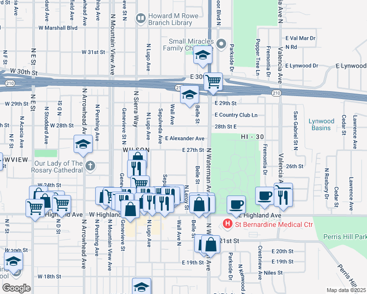 map of restaurants, bars, coffee shops, grocery stores, and more near 243 East Alexander Avenue in San Bernardino