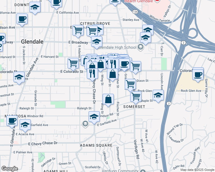 map of restaurants, bars, coffee shops, grocery stores, and more near 421 Porter Street in Glendale