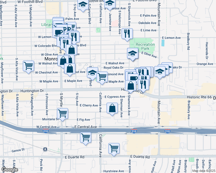 map of restaurants, bars, coffee shops, grocery stores, and more near 411 East Maple Avenue in Monrovia
