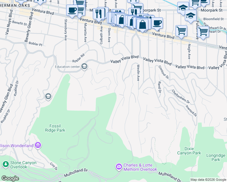 map of restaurants, bars, coffee shops, grocery stores, and more near 3839 Davana Road in Los Angeles