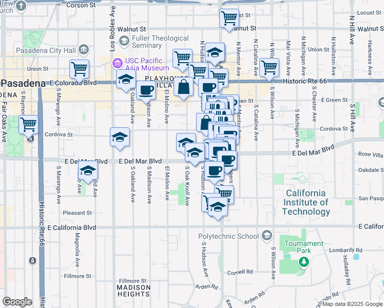 map of restaurants, bars, coffee shops, grocery stores, and more near 288 South Oak Knoll Avenue in Pasadena
