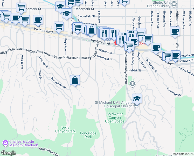 map of restaurants, bars, coffee shops, grocery stores, and more near 3848 Ethel Avenue in Los Angeles