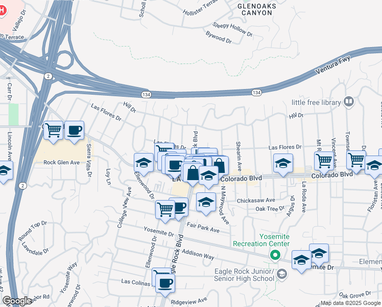 map of restaurants, bars, coffee shops, grocery stores, and more near 5157 Eagle Rock Boulevard in Los Angeles
