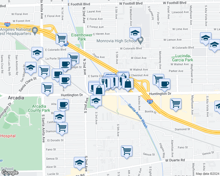 map of restaurants, bars, coffee shops, grocery stores, and more near 411 East Huntington Drive in Arcadia