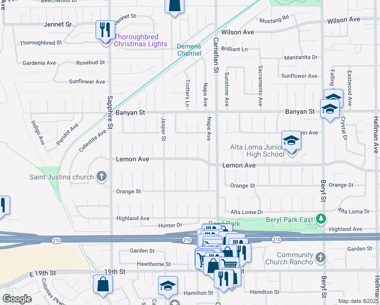 map of restaurants, bars, coffee shops, grocery stores, and more near 6218 Topaz Street in Rancho Cucamonga