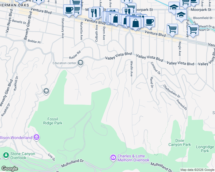 map of restaurants, bars, coffee shops, grocery stores, and more near 3921 Davana Road in Los Angeles