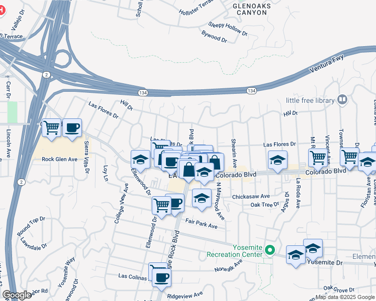map of restaurants, bars, coffee shops, grocery stores, and more near 5157 Eagle Rock Boulevard in Los Angeles