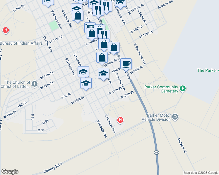 map of restaurants, bars, coffee shops, grocery stores, and more near 1051-1099 West 18th Street in Parker