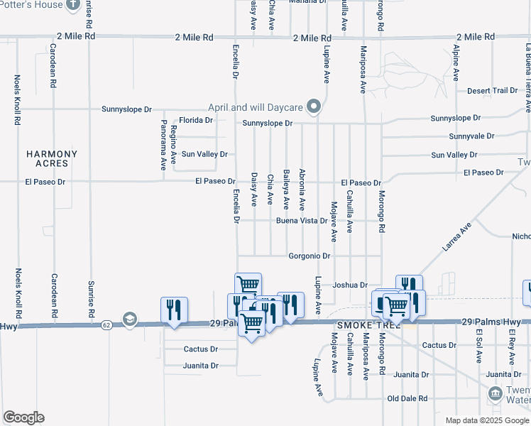 map of restaurants, bars, coffee shops, grocery stores, and more near 6141 Daisy Avenue in Twentynine Palms