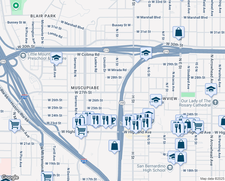 map of restaurants, bars, coffee shops, grocery stores, and more near 941 West Alexander Avenue in San Bernardino