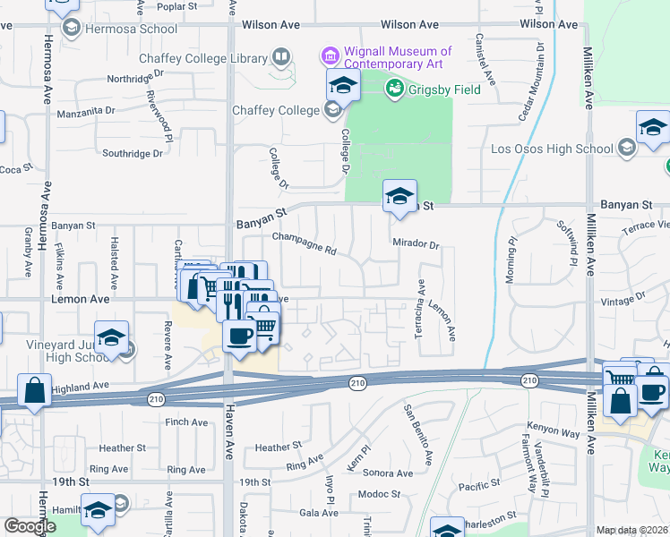 map of restaurants, bars, coffee shops, grocery stores, and more near 10707 Champagne Road in Rancho Cucamonga