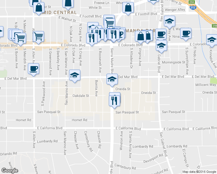 map of restaurants, bars, coffee shops, grocery stores, and more near 270 South Roosevelt Avenue in Pasadena