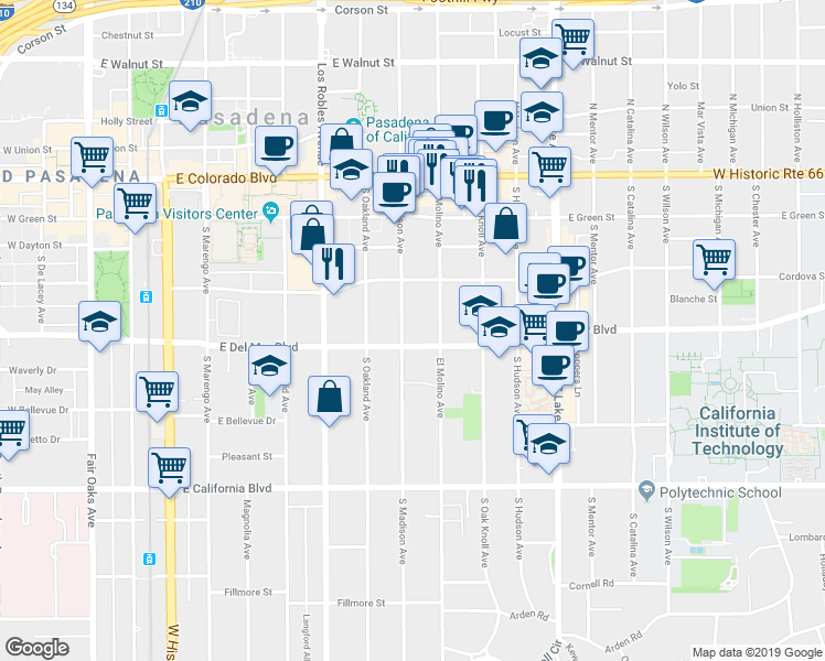 map of restaurants, bars, coffee shops, grocery stores, and more near 239 South Madison Avenue in Pasadena