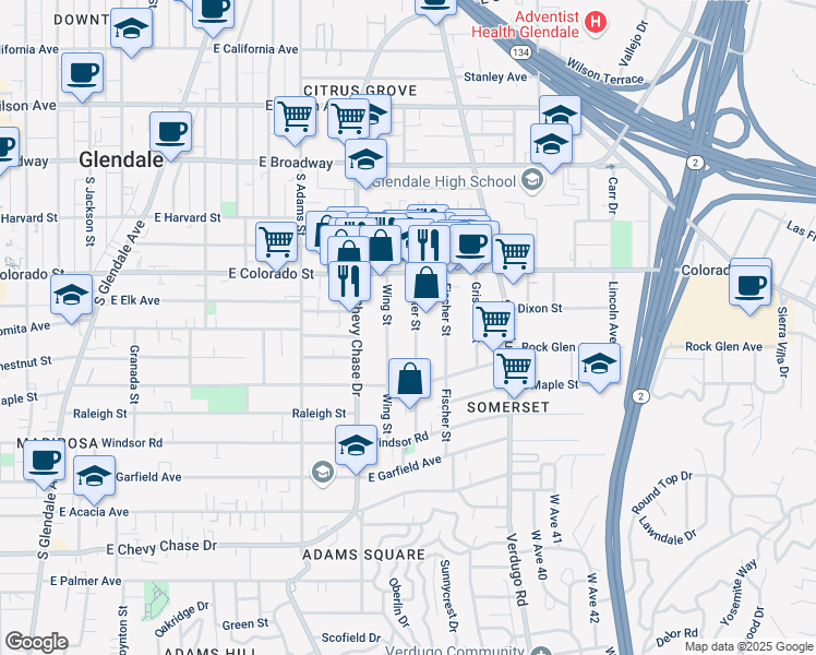 map of restaurants, bars, coffee shops, grocery stores, and more near 405 Porter Street in Glendale