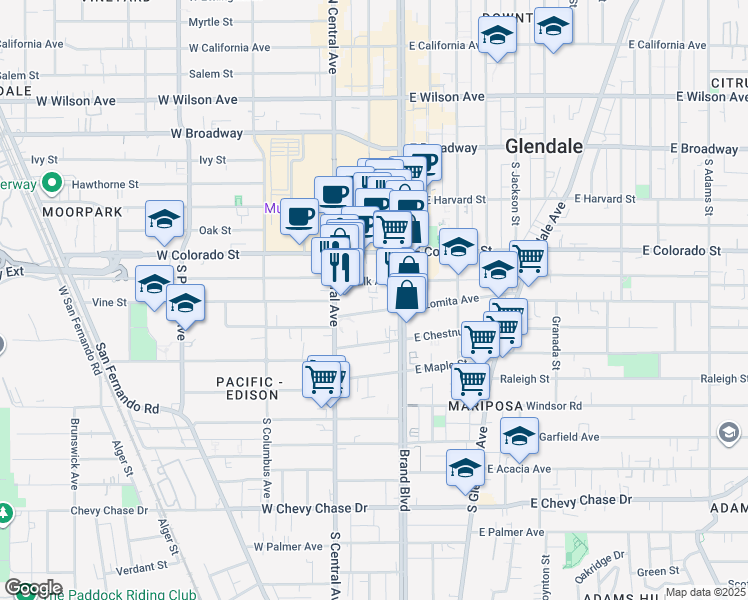 map of restaurants, bars, coffee shops, grocery stores, and more near 401 South Brand Boulevard in Glendale