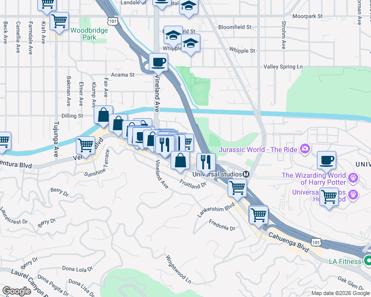map of restaurants, bars, coffee shops, grocery stores, and more near 10925 Bluffside Drive in Los Angeles