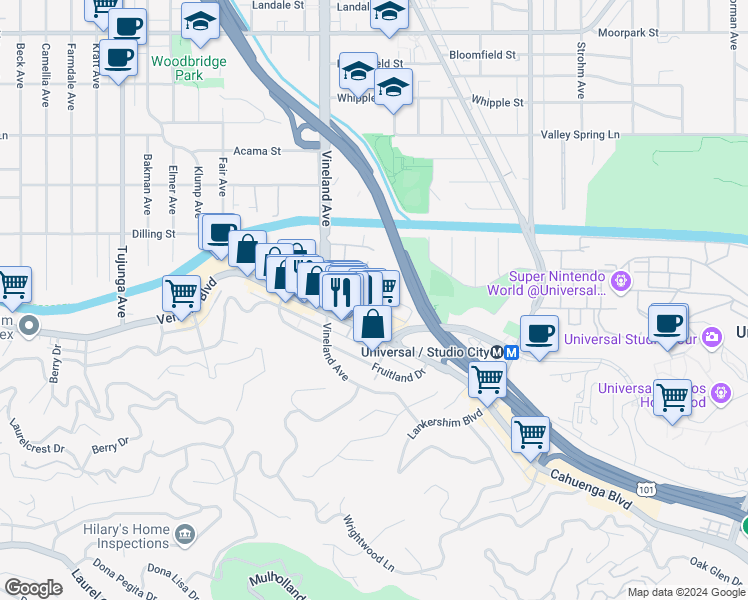 map of restaurants, bars, coffee shops, grocery stores, and more near 10925 Bluffside Drive in Los Angeles