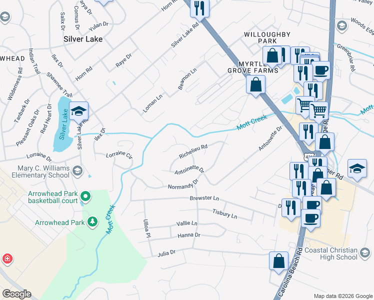 map of restaurants, bars, coffee shops, grocery stores, and more near 234 Richelieu Rd in Wilmington