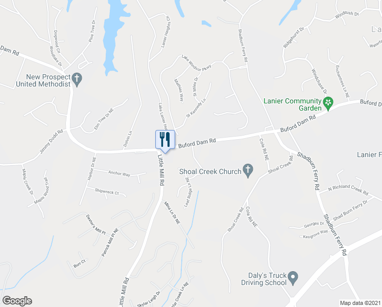 map of restaurants, bars, coffee shops, grocery stores, and more near 5751 Crest Hill Drive Northeast in Buford