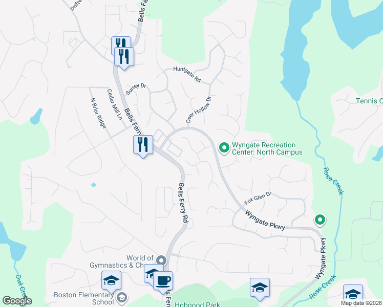 map of restaurants, bars, coffee shops, grocery stores, and more near 1007 Braelin Court in Woodstock