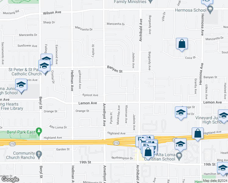 map of restaurants, bars, coffee shops, grocery stores, and more near 9558 Apricot Avenue in Rancho Cucamonga