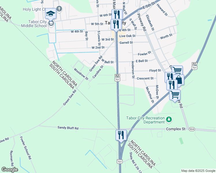 map of restaurants, bars, coffee shops, grocery stores, and more near 107 Nesmith Street in Tabor City