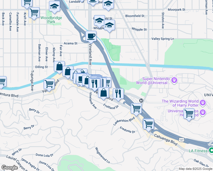 map of restaurants, bars, coffee shops, grocery stores, and more near 10925 Bluffside Drive in Los Angeles