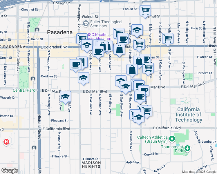 map of restaurants, bars, coffee shops, grocery stores, and more near 283 South El Molino Avenue in Pasadena