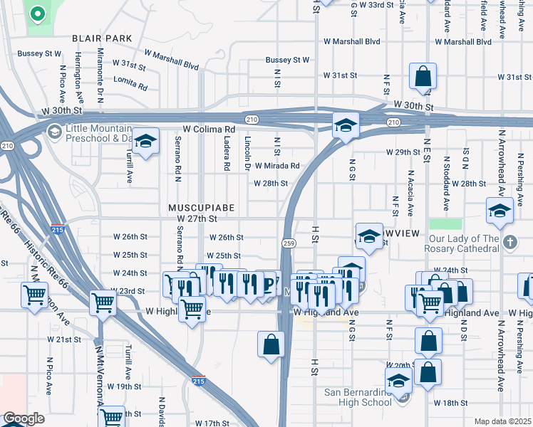map of restaurants, bars, coffee shops, grocery stores, and more near 941 West Alexander Avenue in San Bernardino