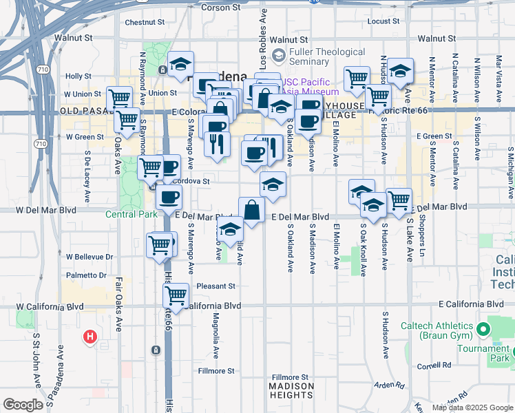 map of restaurants, bars, coffee shops, grocery stores, and more near 399 East Del Mar Boulevard in Pasadena