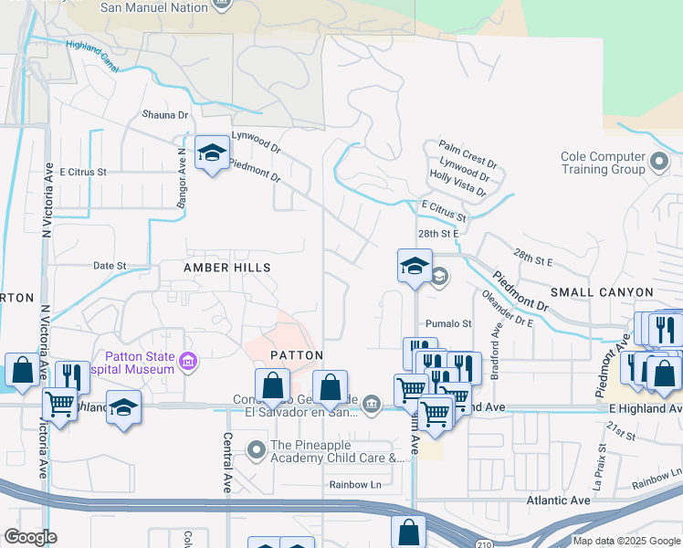 map of restaurants, bars, coffee shops, grocery stores, and more near 2661 Mercedes Avenue in Highland