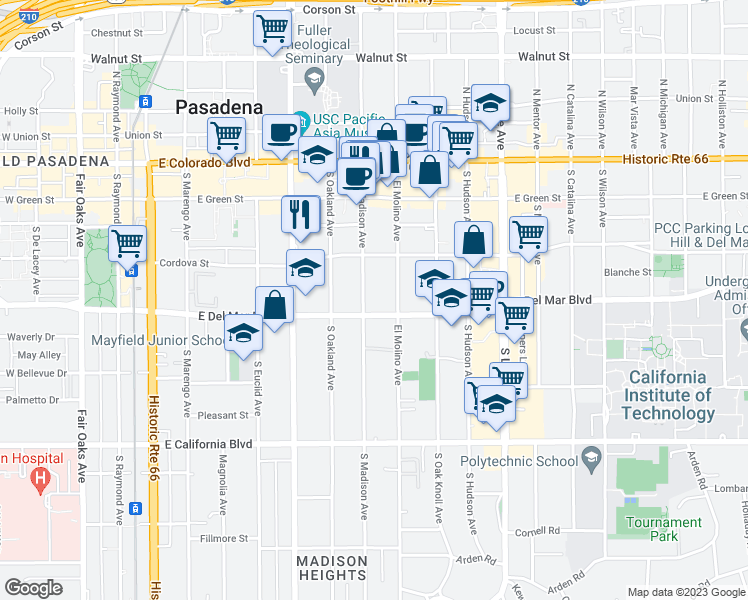 map of restaurants, bars, coffee shops, grocery stores, and more near 239 South Madison Avenue in Pasadena