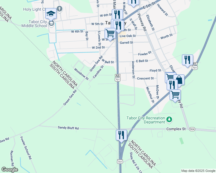 map of restaurants, bars, coffee shops, grocery stores, and more near 107 Nesmith Street in Tabor City