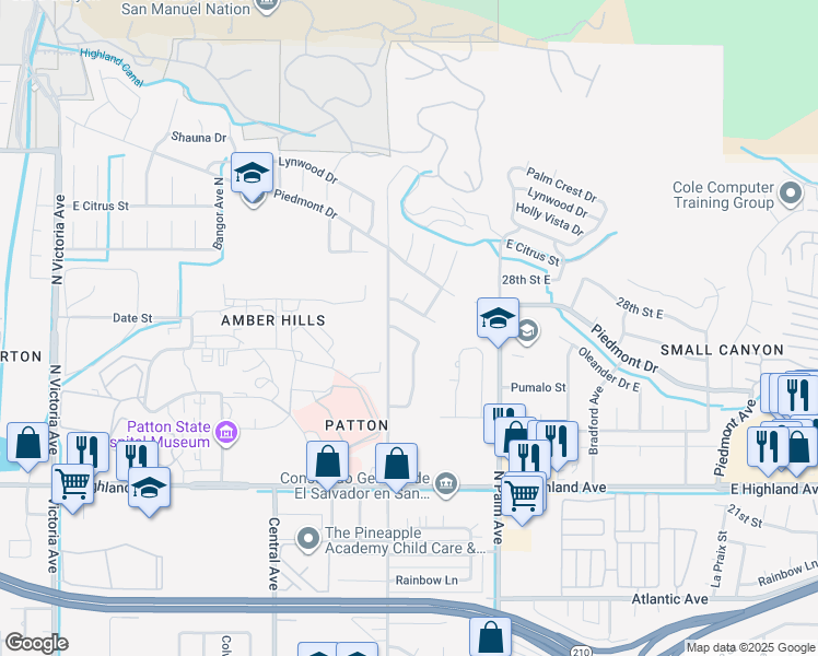 map of restaurants, bars, coffee shops, grocery stores, and more near 2661 Mercedes Avenue in Highland