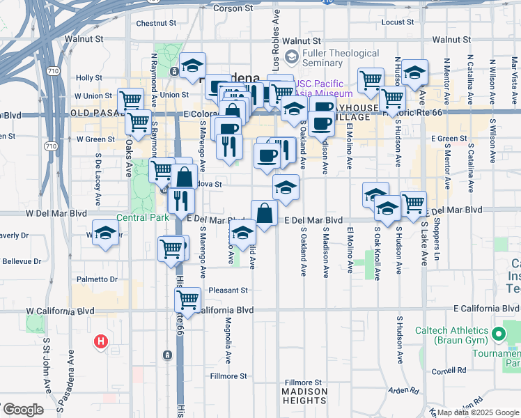 map of restaurants, bars, coffee shops, grocery stores, and more near 280 South Euclid Avenue in Pasadena