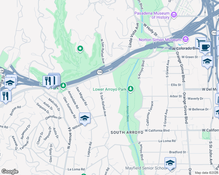 map of restaurants, bars, coffee shops, grocery stores, and more near 1010 San Rafael Lane in Pasadena