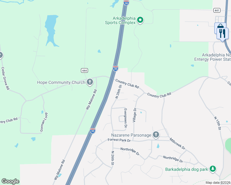 map of restaurants, bars, coffee shops, grocery stores, and more near 1203 North 26th Street in Arkadelphia