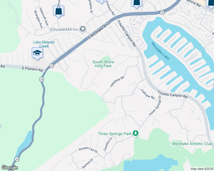 map of restaurants, bars, coffee shops, grocery stores, and more near 2109 Hillsbury Road in Westlake Village