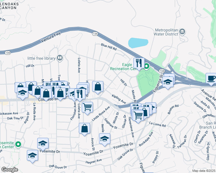map of restaurants, bars, coffee shops, grocery stores, and more near 1300 Las Flores Drive in Los Angeles