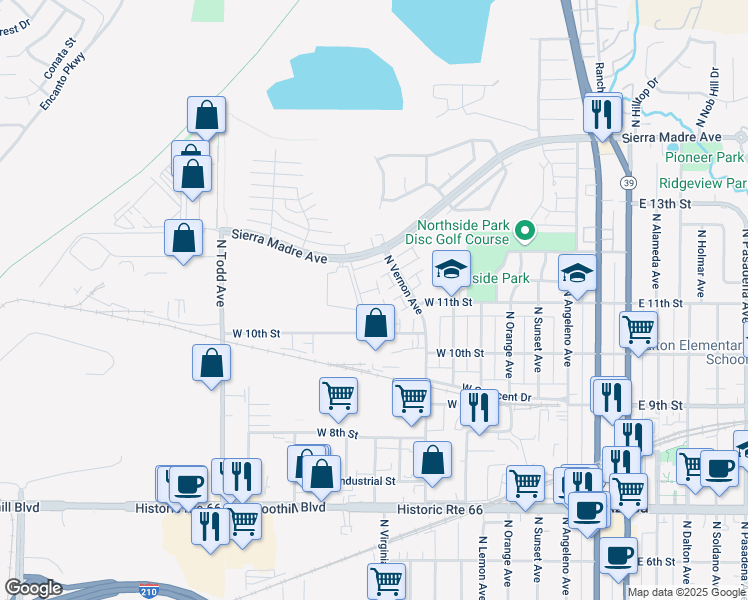 map of restaurants, bars, coffee shops, grocery stores, and more near 900 West Sierra Madre Avenue in Azusa