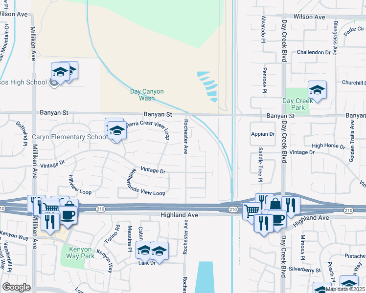 map of restaurants, bars, coffee shops, grocery stores, and more near 11879 Mount Gunnison Court in Rancho Cucamonga