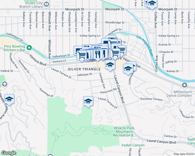 map of restaurants, bars, coffee shops, grocery stores, and more near 12117 Maxwellton Road in Los Angeles