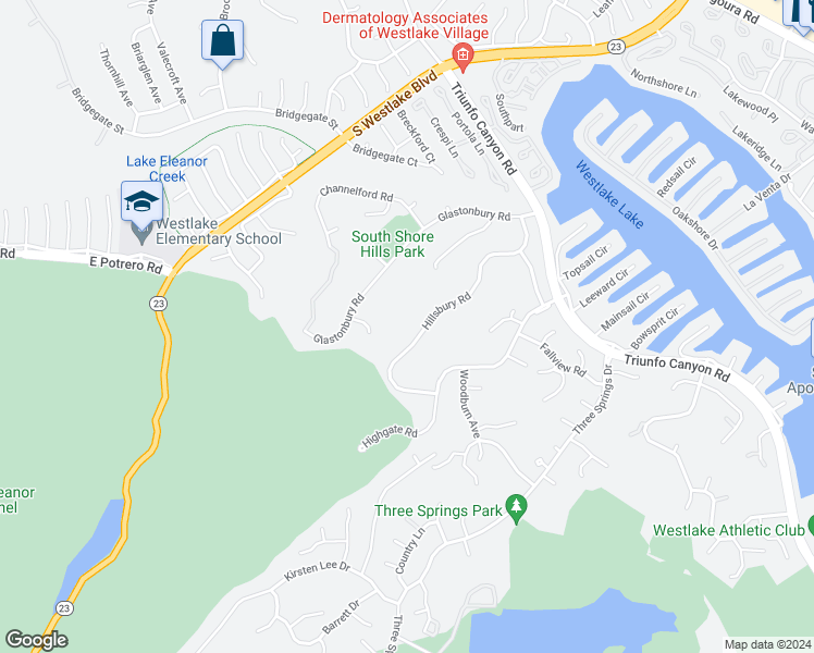 map of restaurants, bars, coffee shops, grocery stores, and more near 2109 Hillsbury Road in Westlake Village
