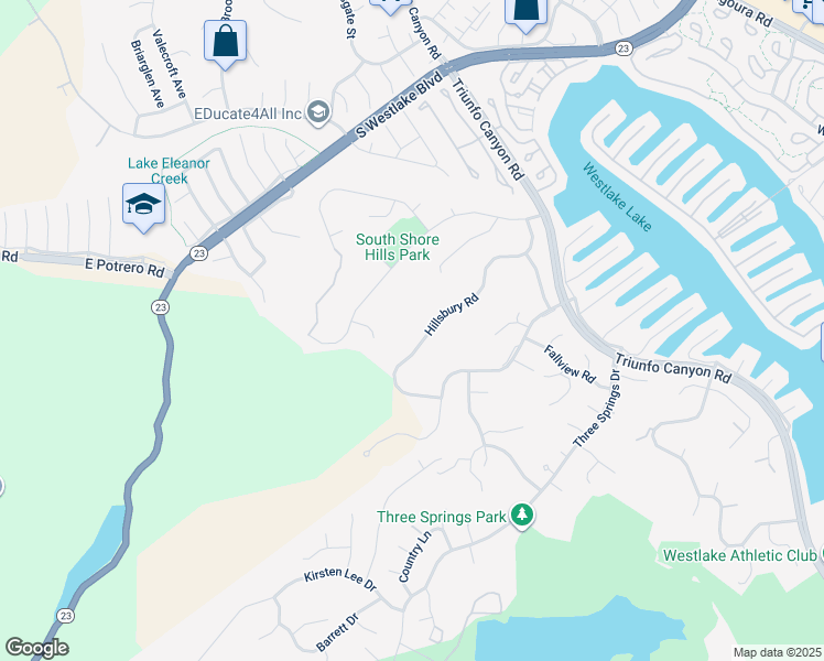 map of restaurants, bars, coffee shops, grocery stores, and more near 2109 Hillsbury Road in Westlake Village