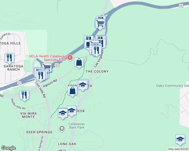 map of restaurants, bars, coffee shops, grocery stores, and more near 4591 Camino Del Sol in Calabasas