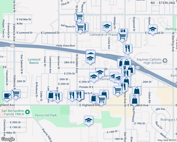 map of restaurants, bars, coffee shops, grocery stores, and more near 1275 East Date Street in San Bernardino