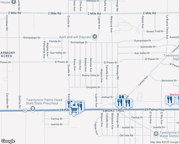 map of restaurants, bars, coffee shops, grocery stores, and more near 6176 Abronia Avenue in Twentynine Palms