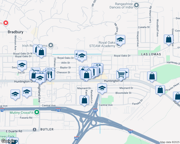 map of restaurants, bars, coffee shops, grocery stores, and more near 869 Random Lane in Duarte