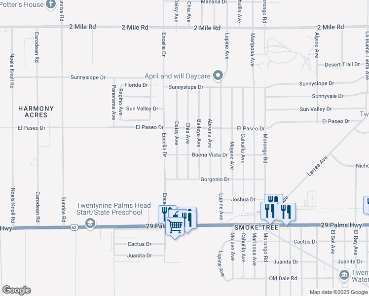 map of restaurants, bars, coffee shops, grocery stores, and more near 6180 Chia Avenue in Twentynine Palms