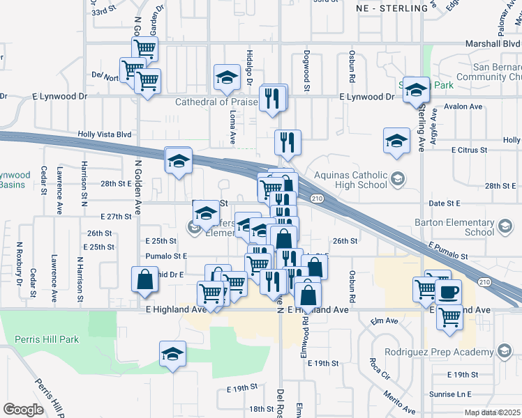 map of restaurants, bars, coffee shops, grocery stores, and more near 1560 East Date Street in San Bernardino